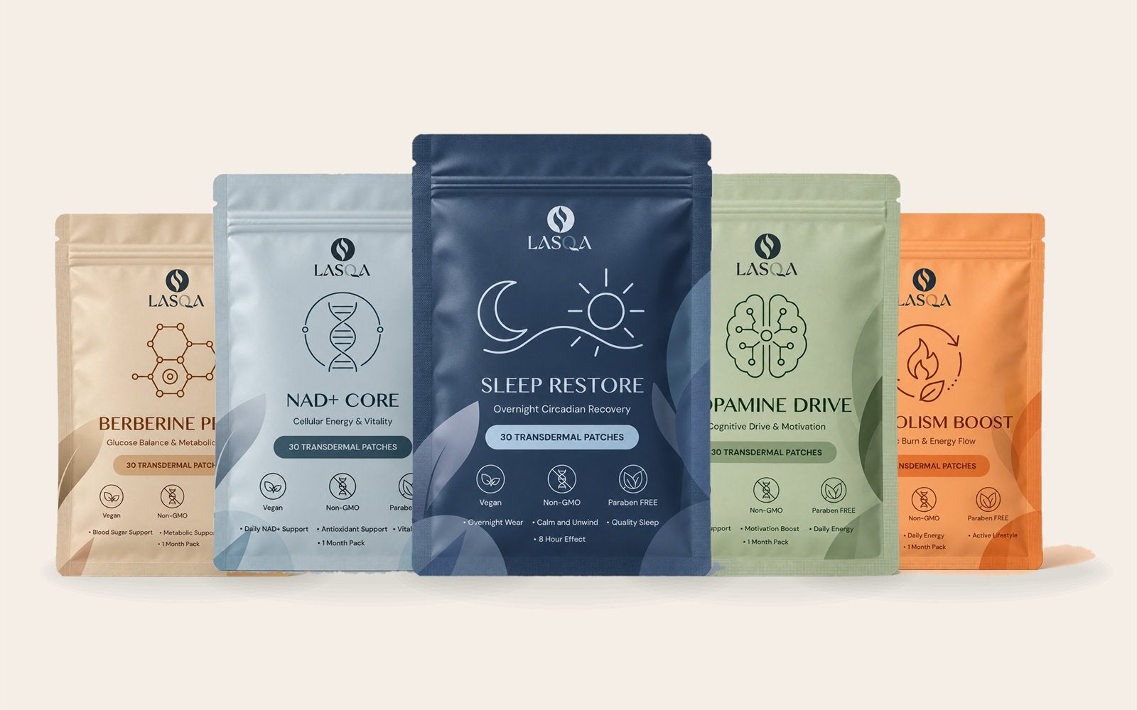 The five LASQA patch pouches: Berberine Prime, NAD+ Core, Sleep Restore, Dopamine Drive and Metabolism Boost